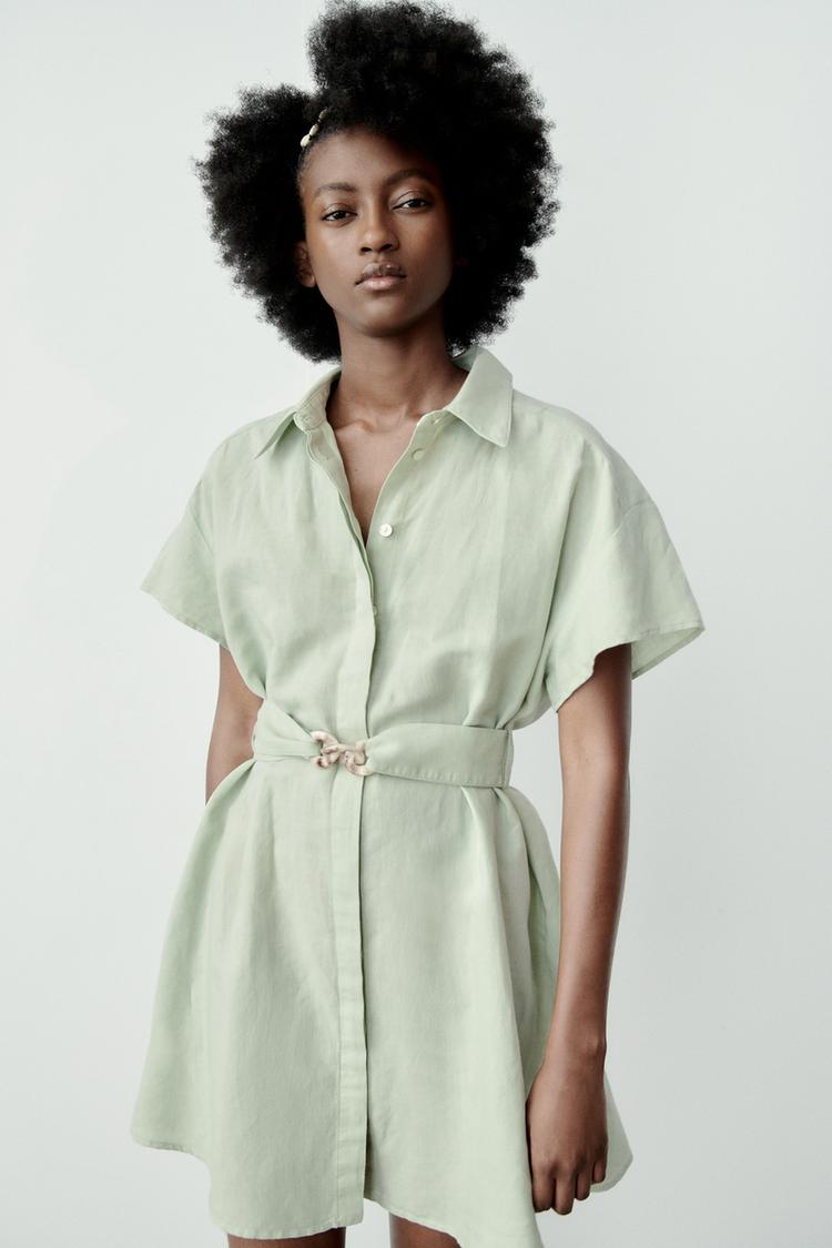 ROBE CHEMISE EN LIN AVEC CEINTURE Vert d eau ZARA Belgique Belgium